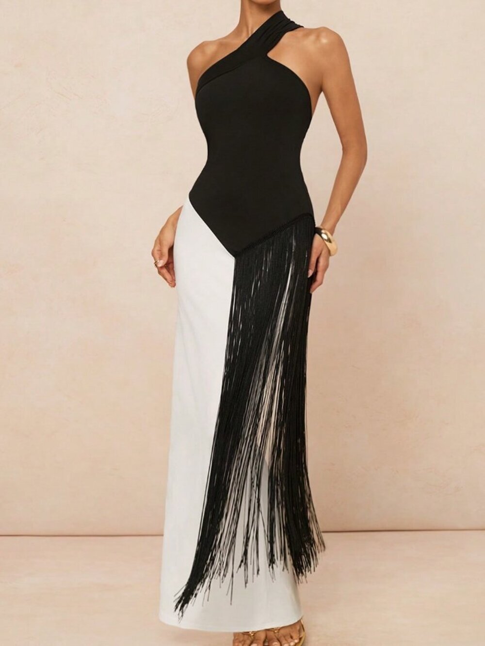 Black And White Elegant Women's Asymmetric Neck & Contrast Fringe Dress